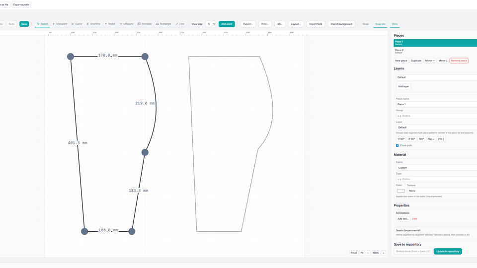 PatternSoft's visual pattern editor showing a bodice pattern piece with measurements and a properties panel